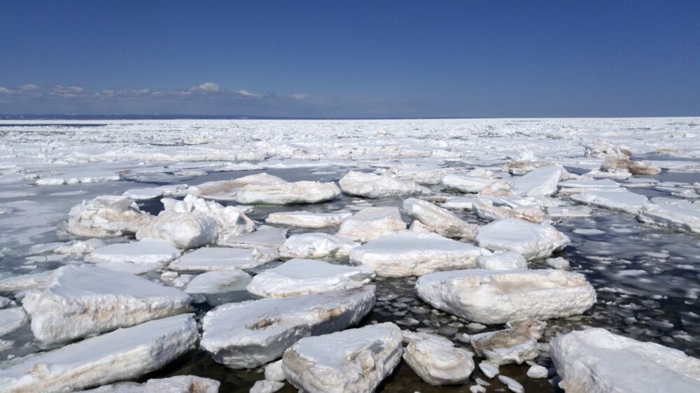 春天，新不伦瑞克省结冰的海洋破裂，形成大块大块的冰