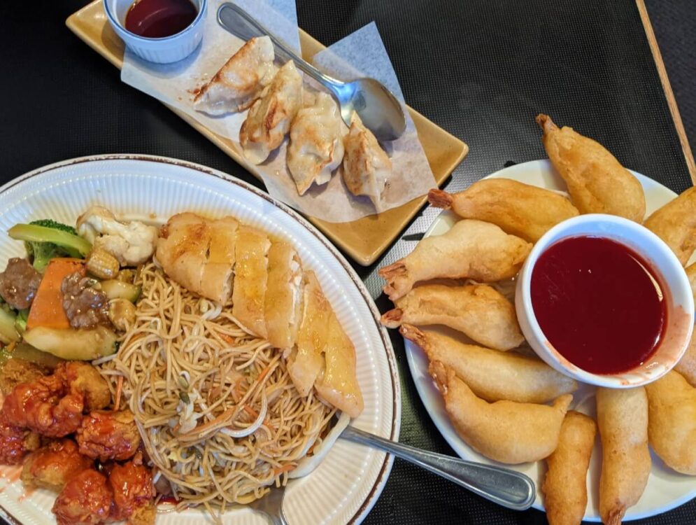 在金筷子餐厅俯瞰中国食物，有面条和猪肉，还有炸虾和饺子
