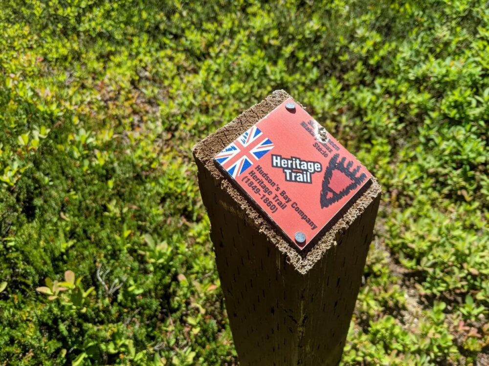 近距离的木制柱子在徒步旅行的小径，装饰着红色的遗产小径标志，说明哈德逊湾公司的遗产小径(1849-1860)与旗帜和灰熊爪印