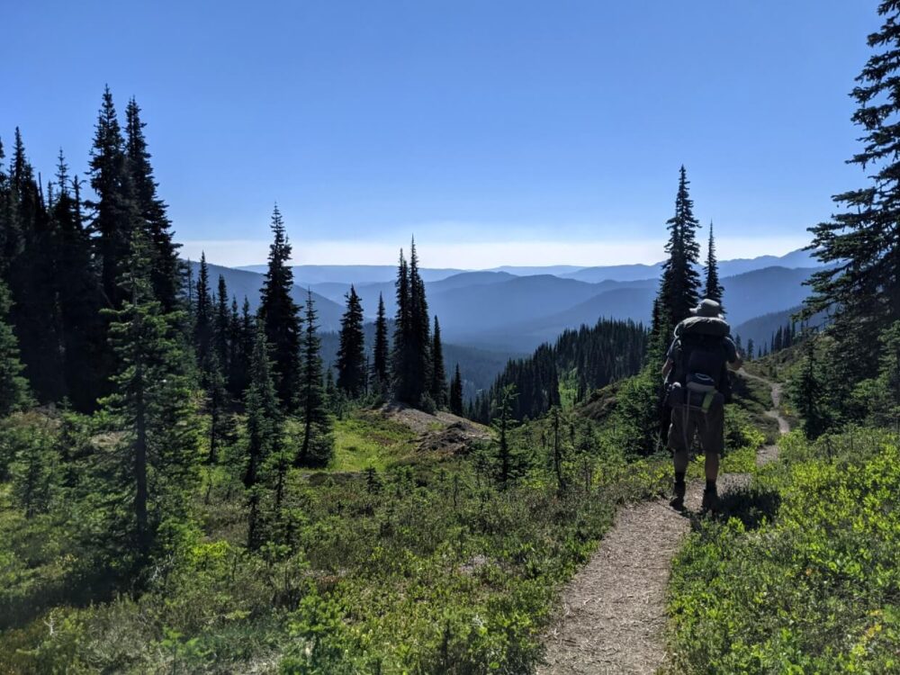 JR徒步旅行在高山狭窄的土路的后视图与散落的树木和山景背景
