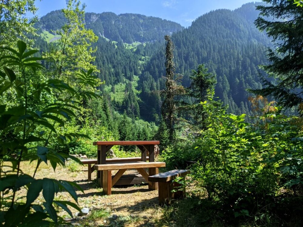 曼森营地的野餐长凳，可以看到周围森林覆盖的小山