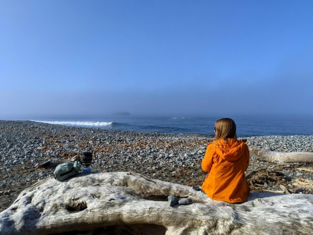 杰玛坐在岩石海滩上的浮木上，向左看