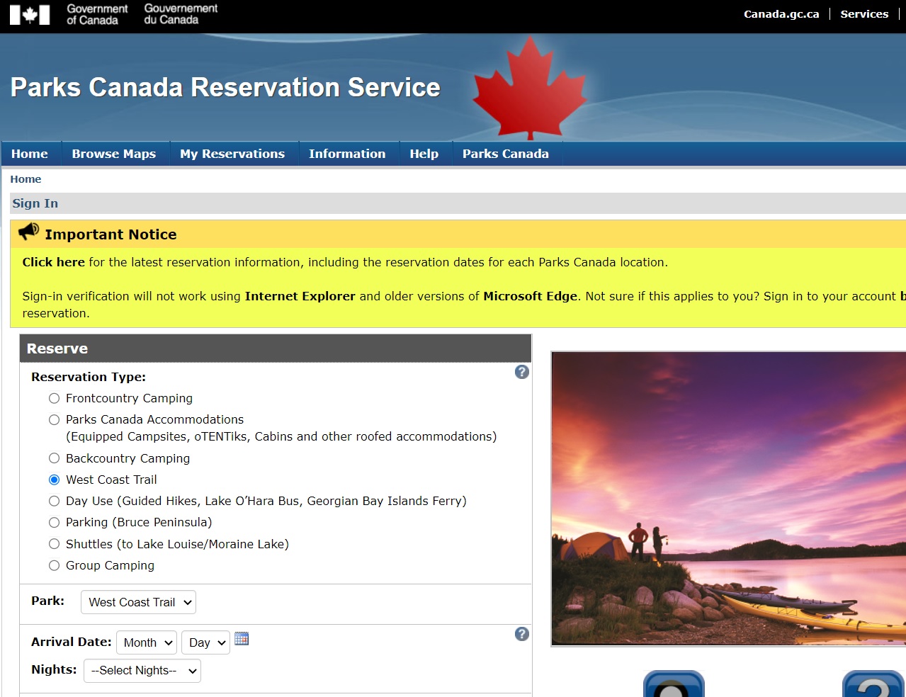 加拿大公园预订服务网站截图