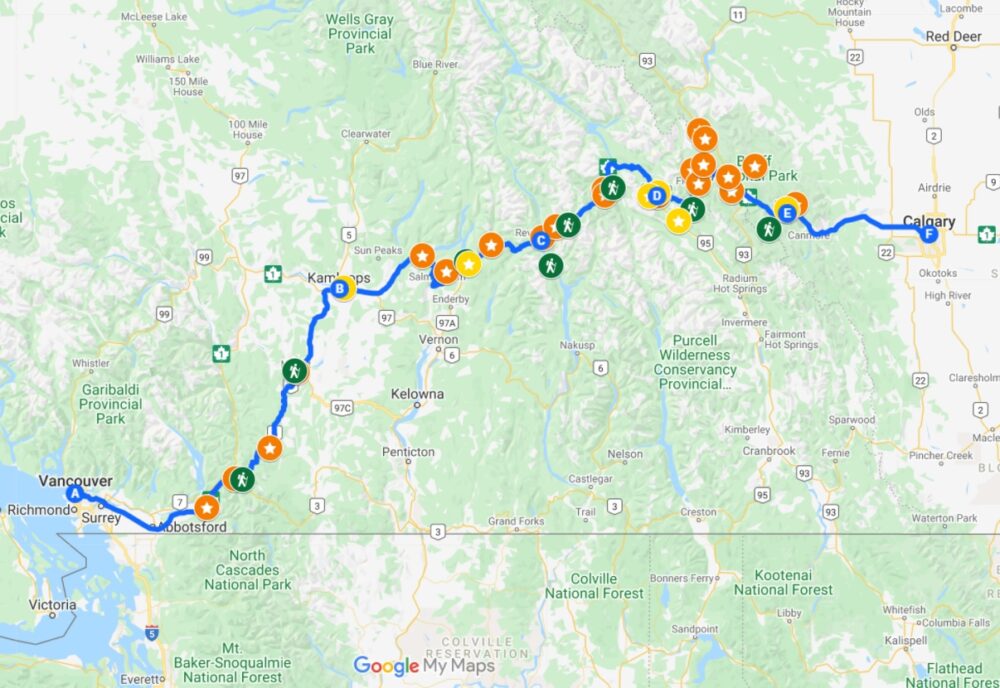 谷歌地图截图，1号公路公路旅行路线从温哥华到卡尔加里