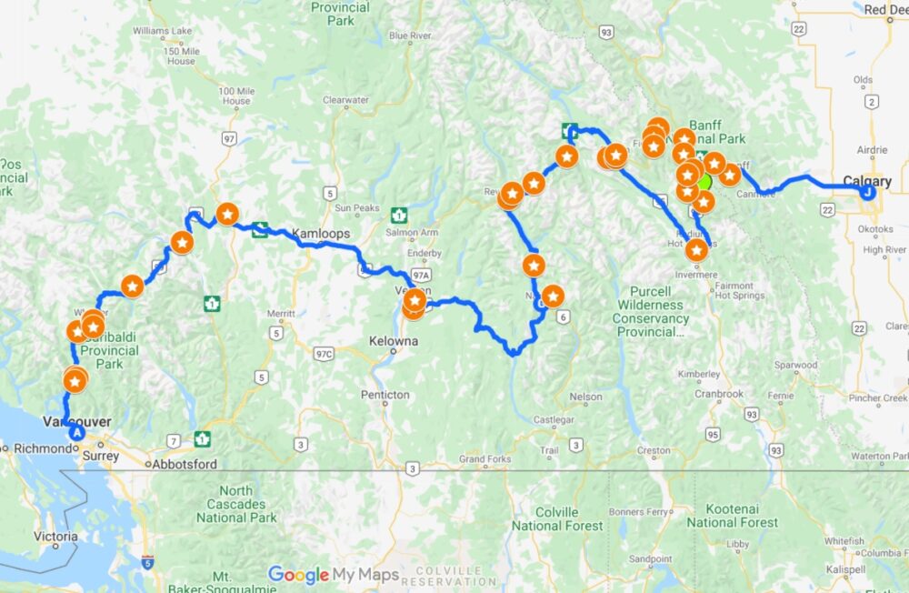 谷歌地图截图显示温哥华到卡尔加里的公路旅行路线