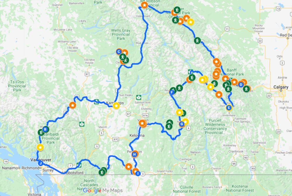 谷歌地图截图，展示温哥华到卡尔加里的终极公路旅行路线
