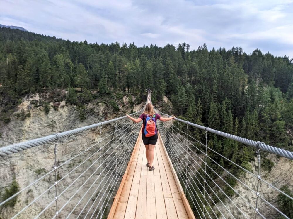 杰玛走在峡谷悬索桥上的后景