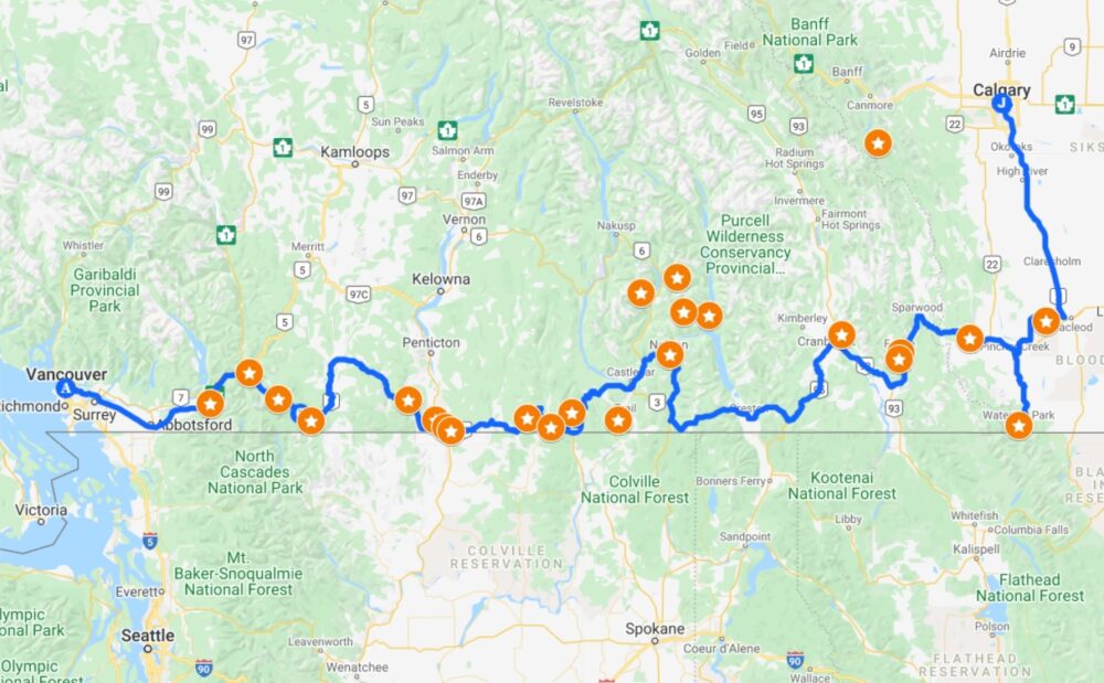 谷歌地图截图显示温哥华和卡尔加里之间的公路旅行路线