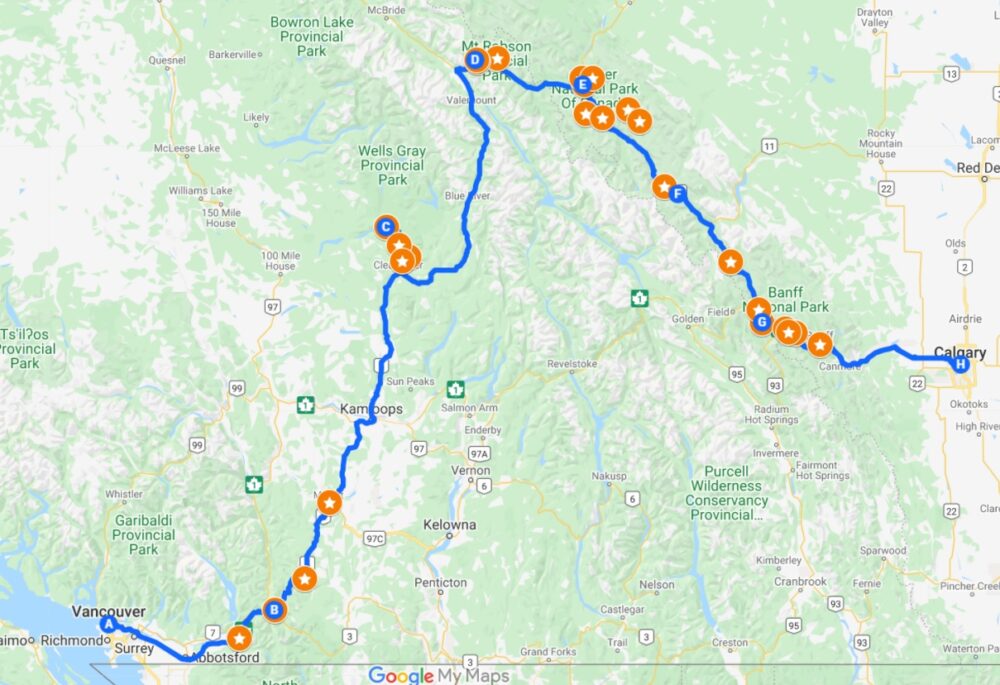 温哥华到卡尔加里公路旅行谷歌地图截图