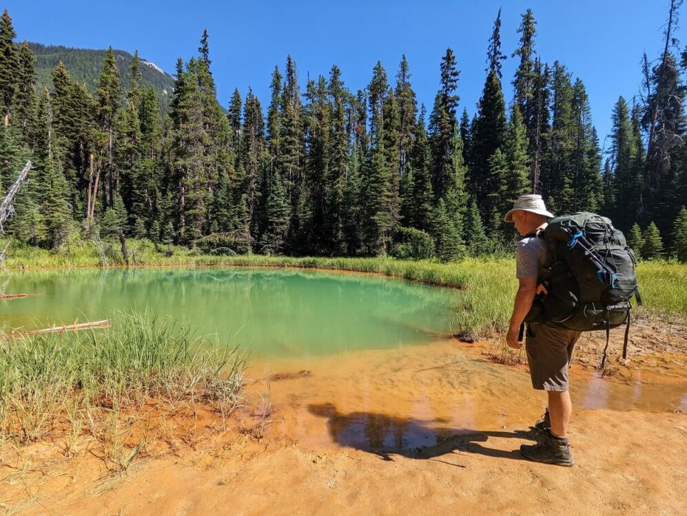 JR的后景，站在绿色的水池旁，周围是丰富的赭石泥