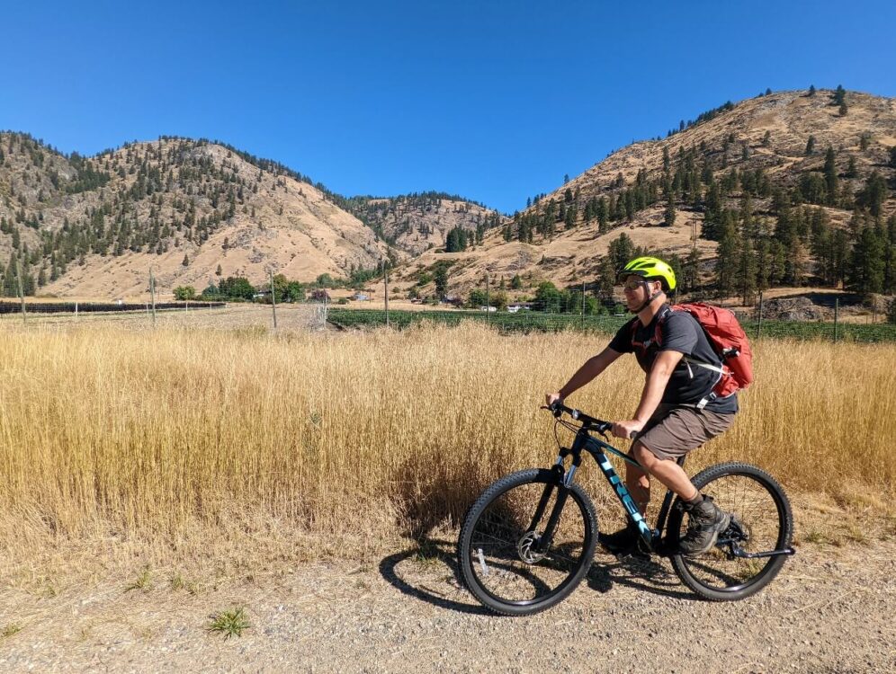 JR在大福克斯附近的草原景观中骑自行车的侧视图，背景是金色的山脉