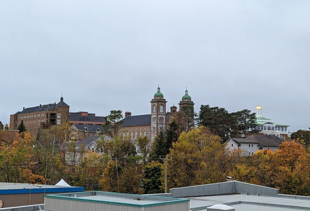 屋顶露台的景色可以看到圣弗朗西斯泽维尔大学校园，有大型石制建筑的尖顶